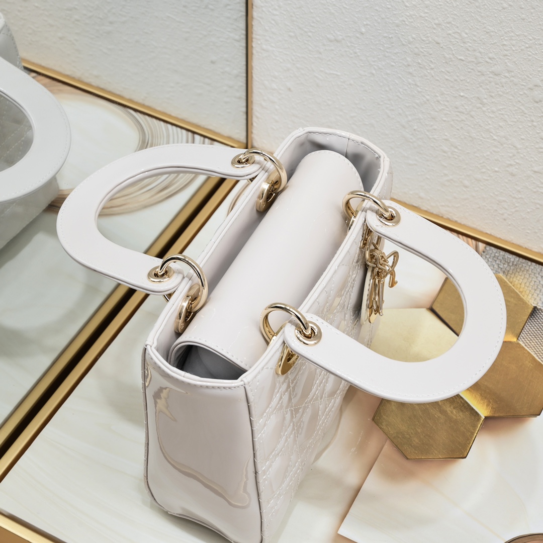 D Inspired Small Lady D Inspired Bag Powder White Patent Cannage Calfskin Golden Hardware - Bag - Gorchic - $144.99