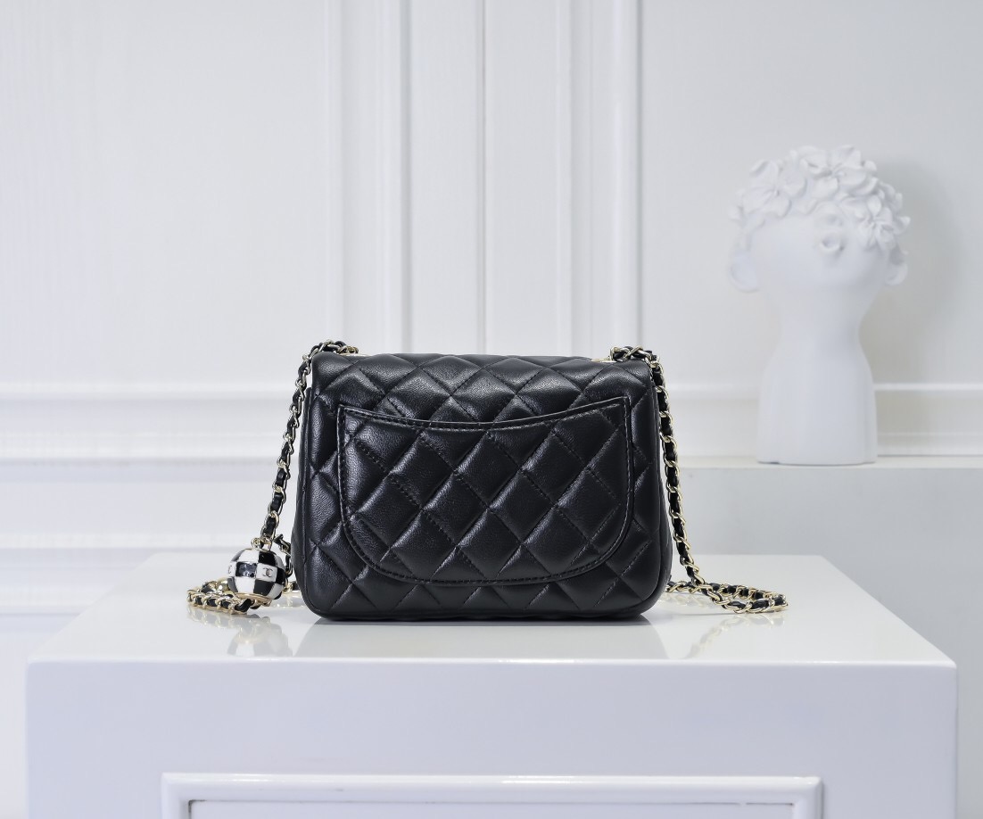 CC Inspired Classic Flag Bag CC Pearl Crush Mini Square Flap Bag Black Calfskin Antique Gold Hardware - Bag - Gorchic - $127.99