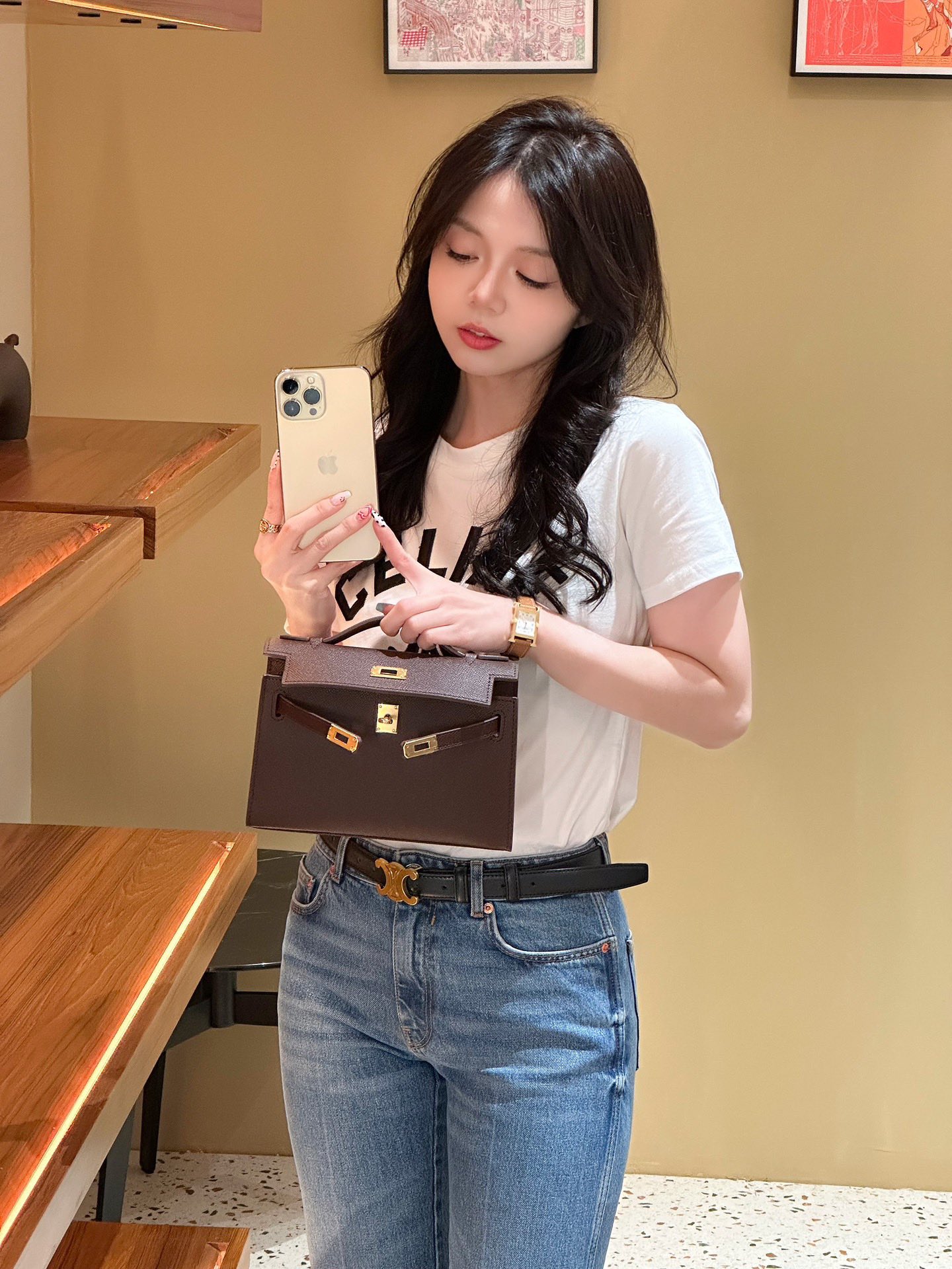 H-Inspired Kelly Mini 1st Kelly Pochette Generation Epsom Palm Leather-Coffee Color - Gorchic - $146.99