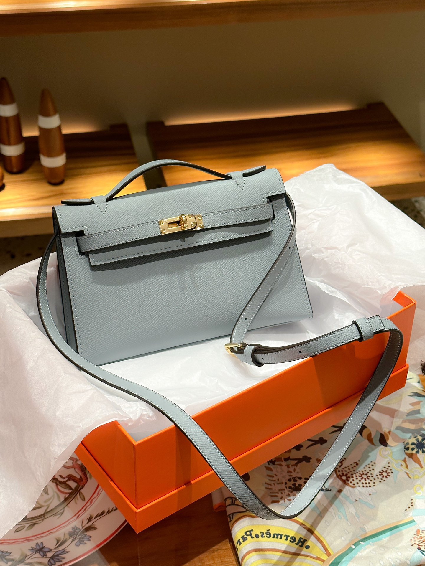 H-Inspired Kelly Mini 1st Kelly Pochette Generation Epsom Palm Leather-Flaxen Blue - Gorchic - $146.99