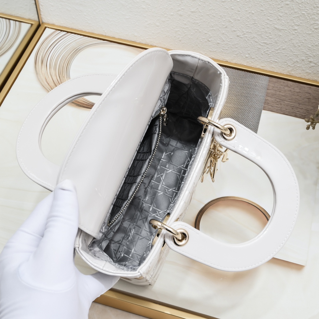 D Inspired Small Lady D Inspired Bag Powder White Patent Cannage Calfskin Golden Hardware - Bag - Gorchic - $144.99