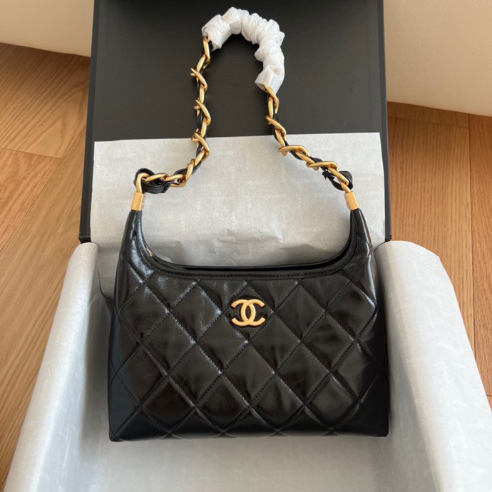 CC Inspired 24A Hobo Small Bag Shiny Calfskin & Gold-Tone Metal Black - Bag - Gorchic - $121.99