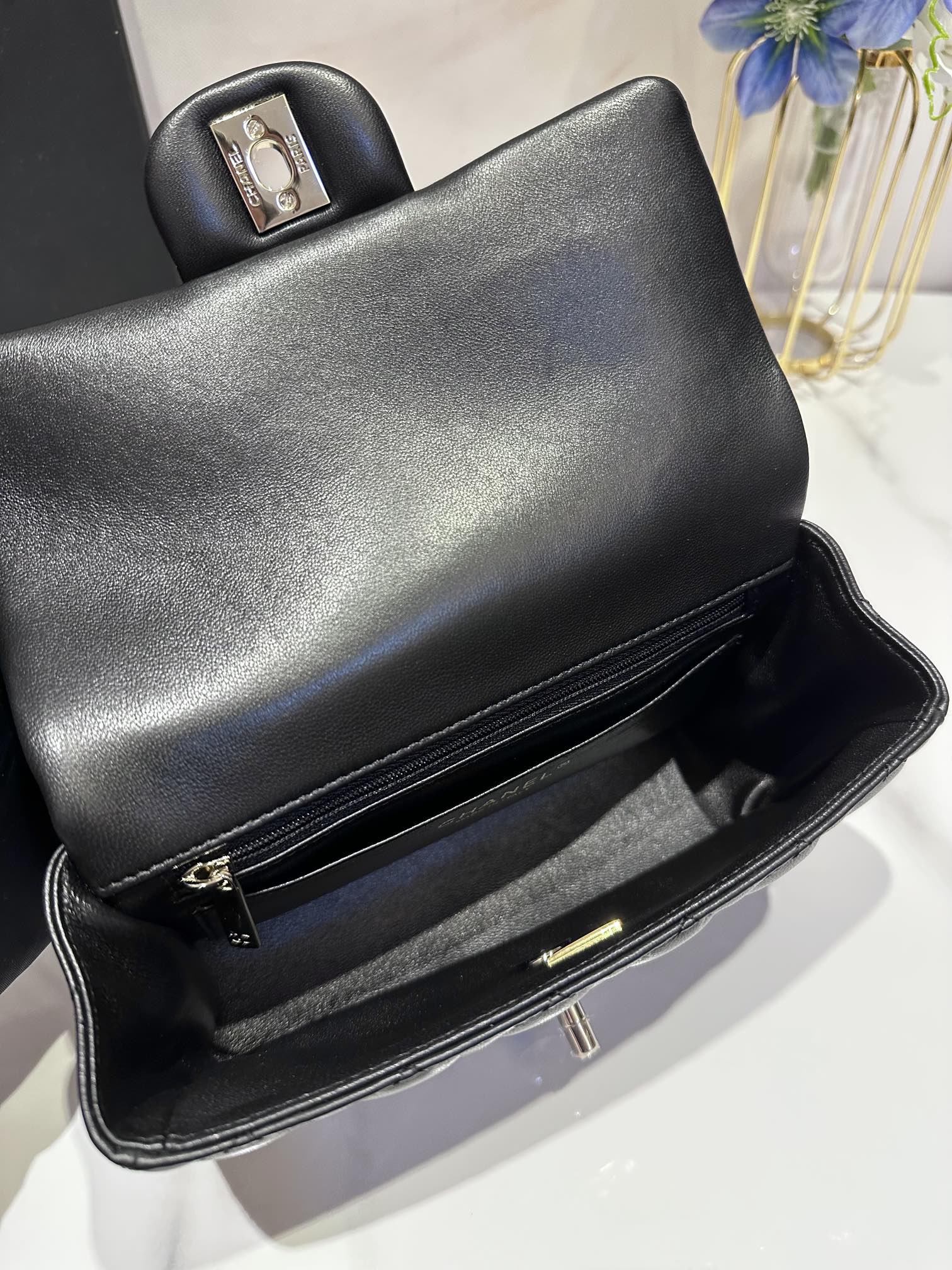 CC Inspired Lambskin Quilted Mini Top Handle Rectangular Flap Black Sier Hardwear Bag - Gorchic - $152.99