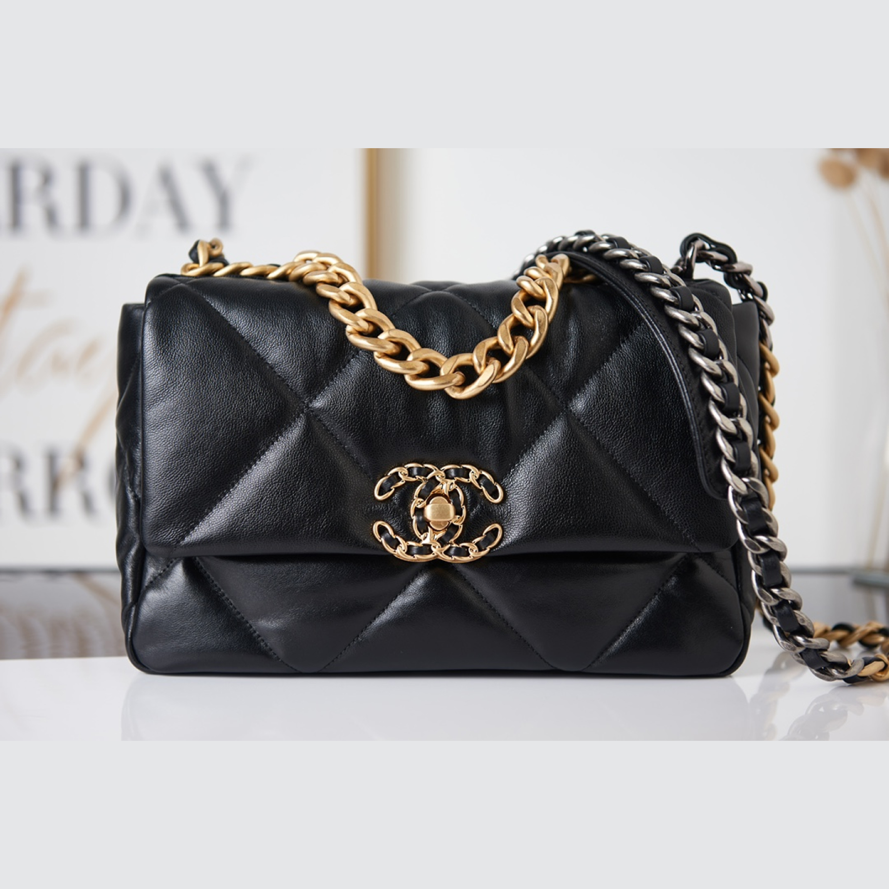 CC Inspired Calfskin Quilted Large CC Inspired 19 Flap Black -Golden - Bag - Gorchic - $121.99