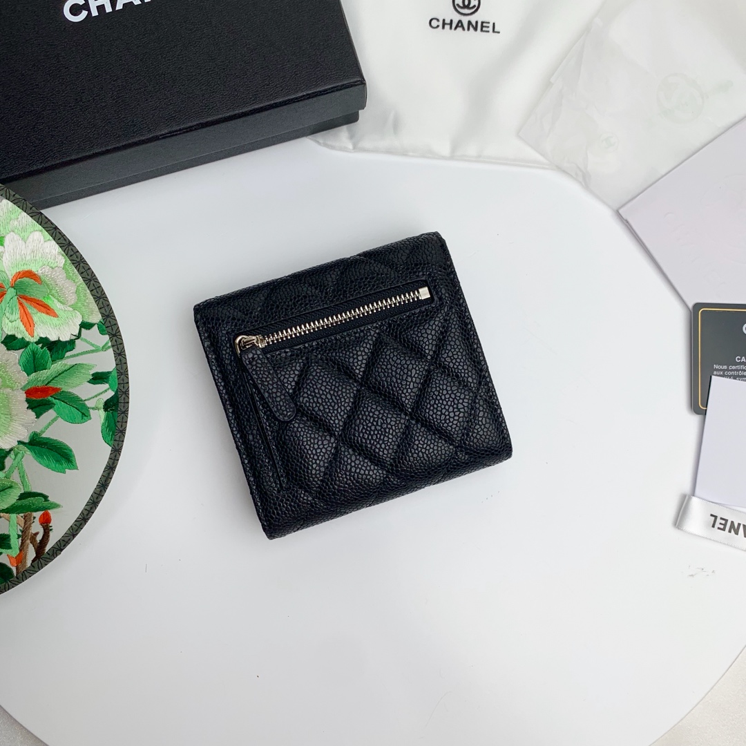 CC Inspired Flap Compact Wallet Quilted Caviar Gold-tone Black - Gorchic - $85.99