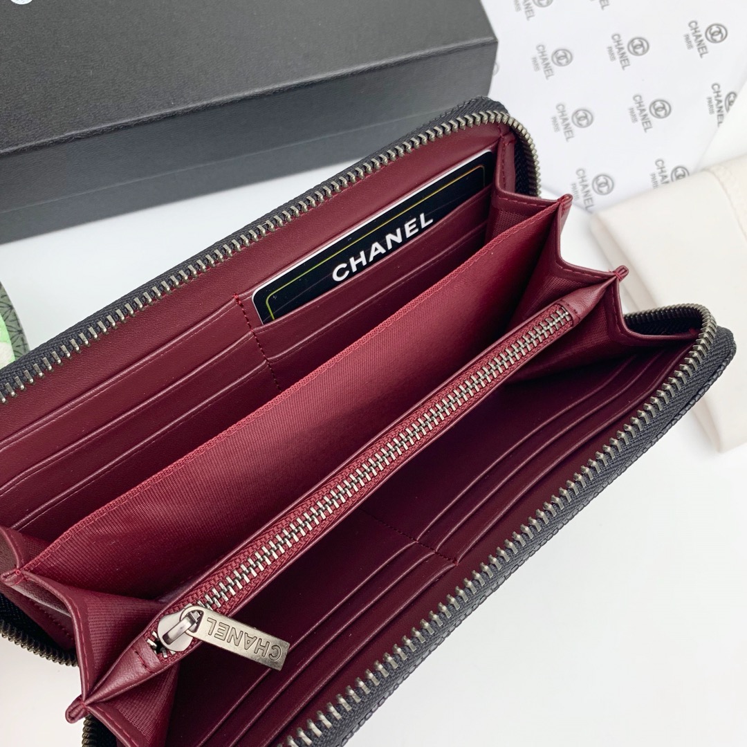 CC Inspired Zip Around Wallet Quilted Caviar Long-Fishseed Pattern Sier Wallet - Gorchic - $52.99