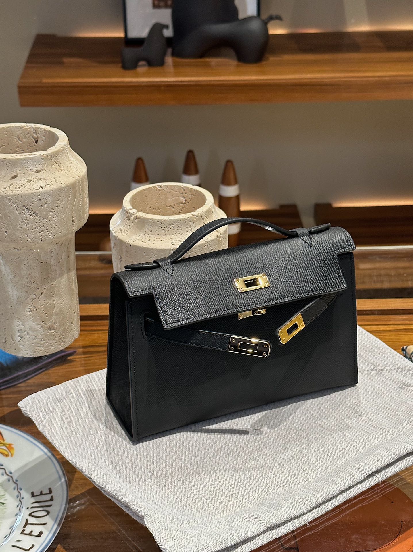 H-Inspired Kelly Mini 1st Kelly Pochette Generation Epsom Palm Leather-Black - Gorchic - $146.99