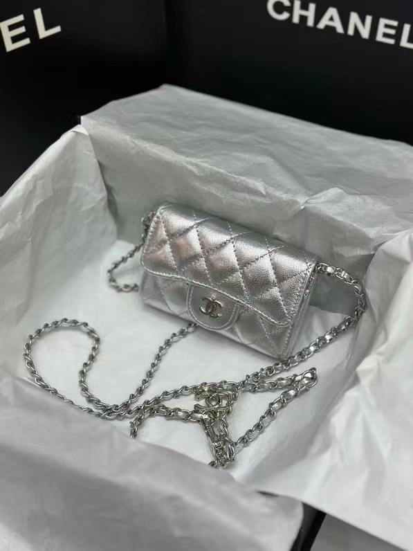 CC Inspired Sier Metallic Calfskin Quilted Flap Chain Waist Bag - Gorchic - $82.99