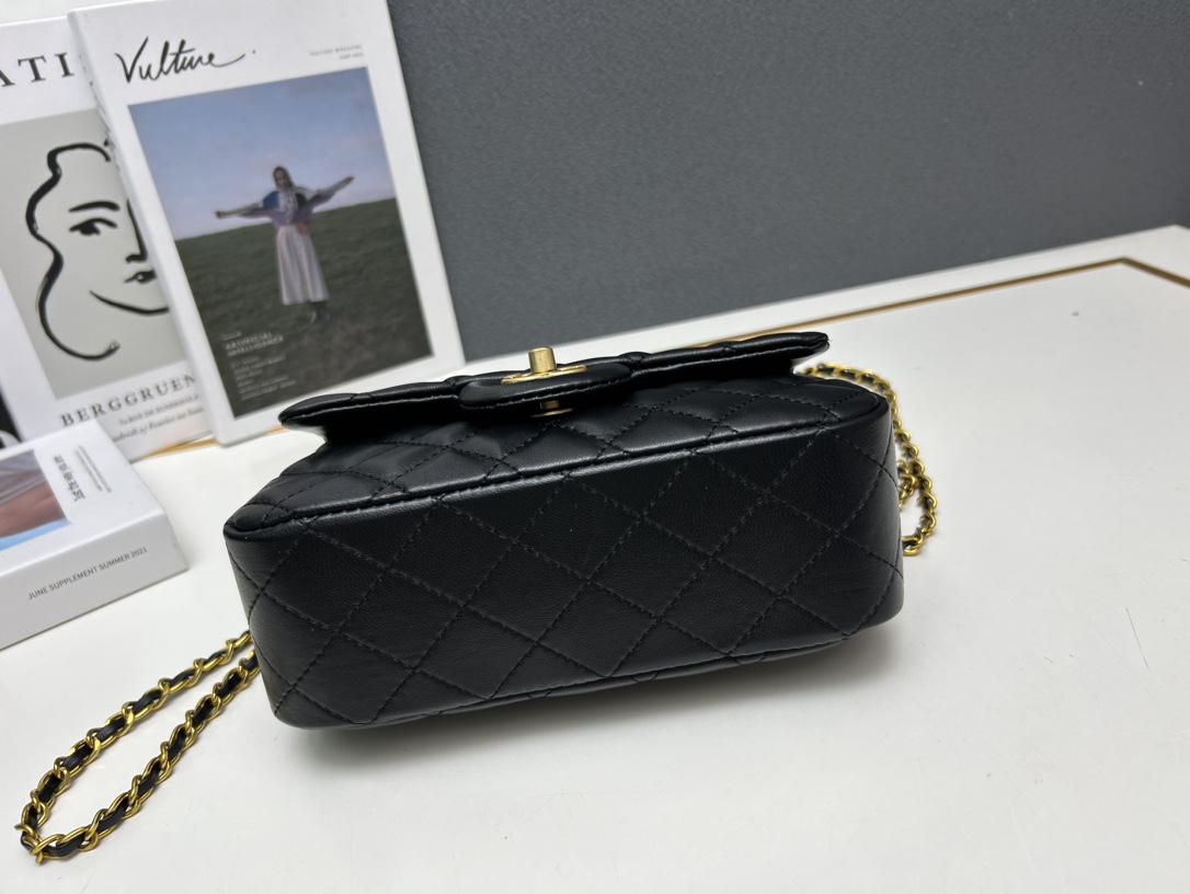 CC Inspired Mini Square Pearl Flap Bag Black Leather Gold Hardware - Gorchic - $132.99