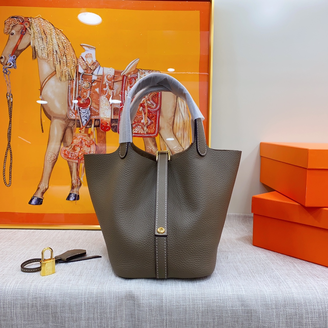 H-Inspired Clemence Picotin Lock Bag Golden Hardware-Dark Grey Bag - Gorchic - $143.99