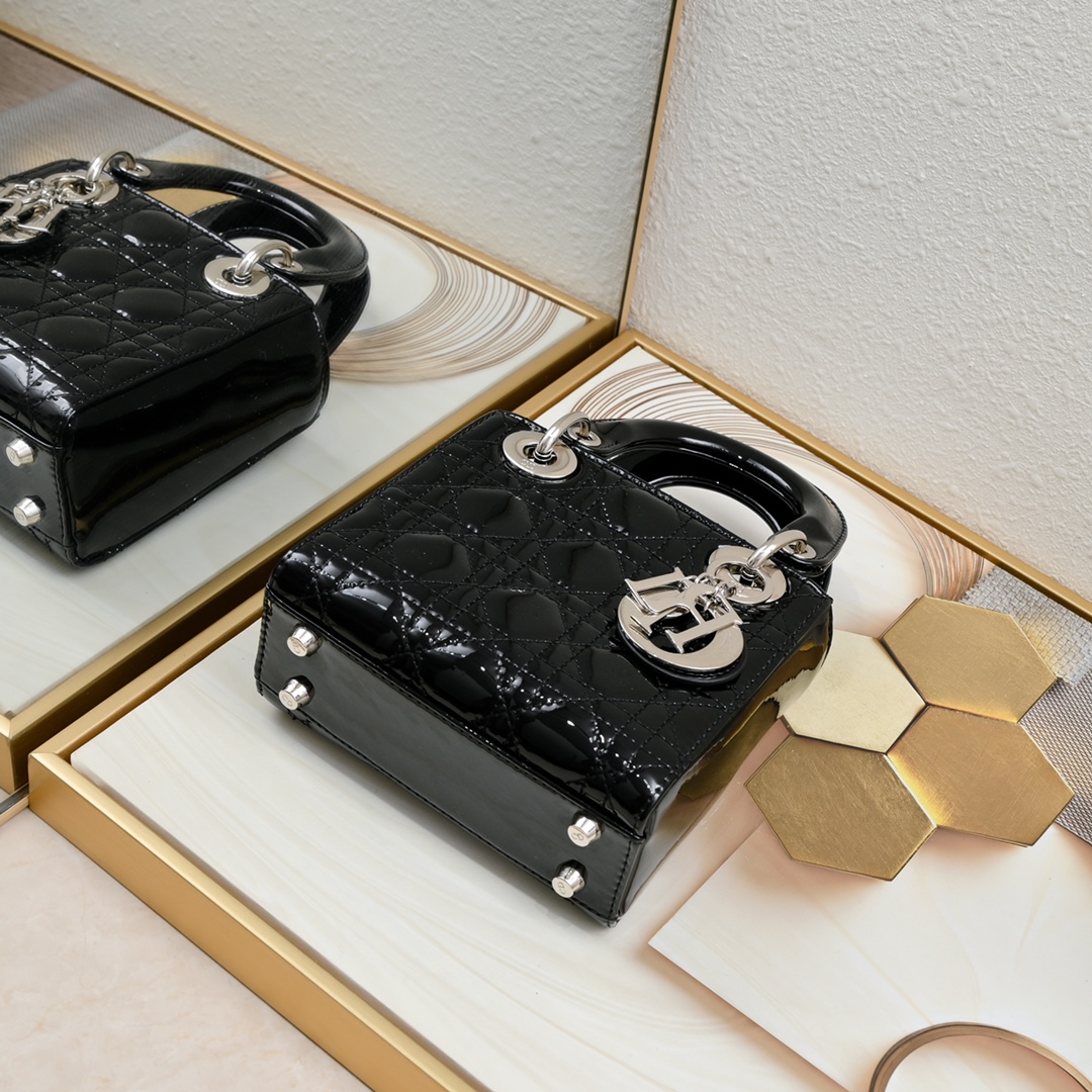 D Inspired Mini Lady D Inspired Bag Powder Black Patent Cannage Calfskin Golden Hardware - Bag - Gorchic - $138.99