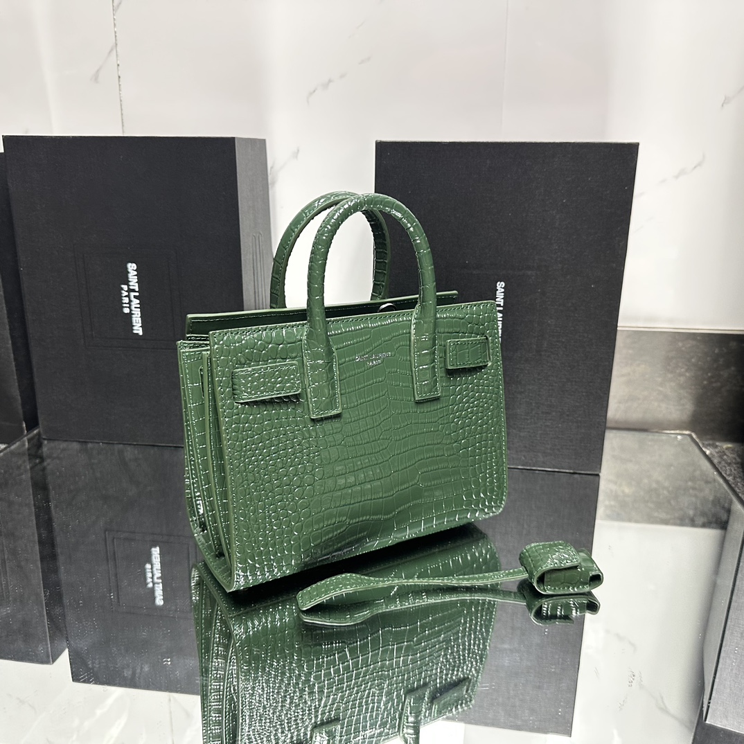 Lady Designer Green Croc Embossed Leather Nano Classic Sac De Jour Tote - Bag - Gorchic - $175.99