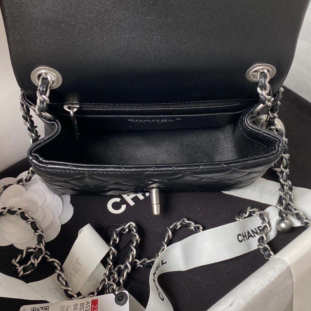 CC Inspired Classic Flag Bag Mini Square Black Calfskin Sliver Hardware - Bag - Gorchic - $121.99