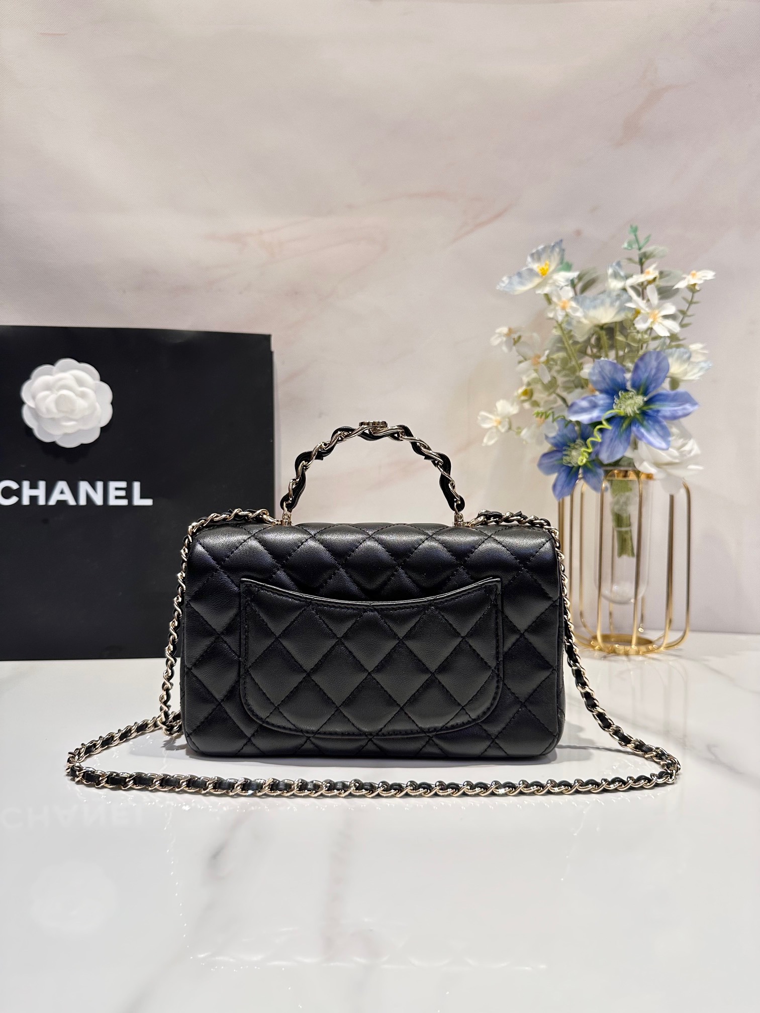 CC Inspired Lambskin Quilted Mini Top Handle Rectangular Flap Black Sier Hardwear Bag - Gorchic - $152.99