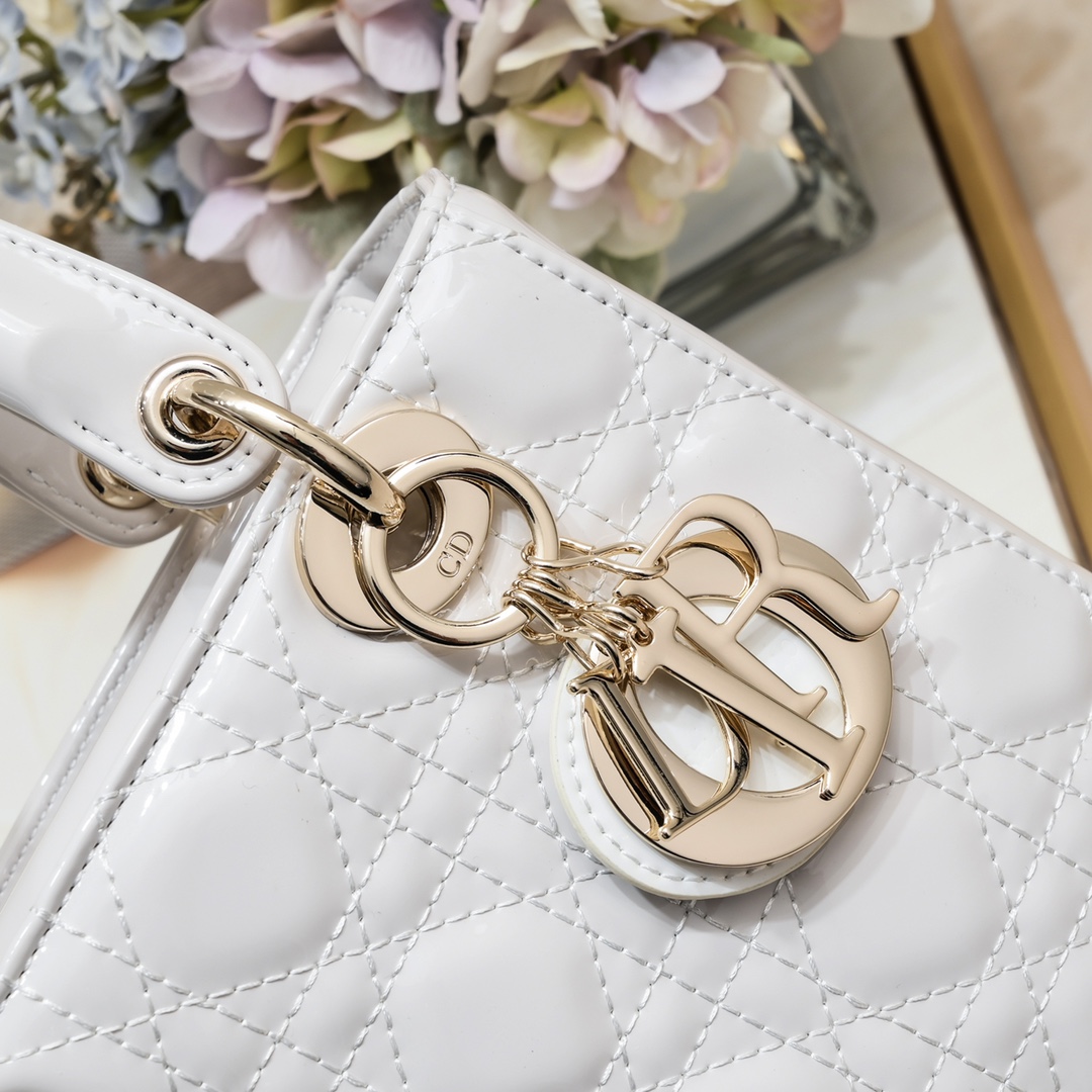 D Inspired Small Lady D Inspired Bag Powder White Patent Cannage Calfskin Golden Hardware - Bag - Gorchic - $144.99