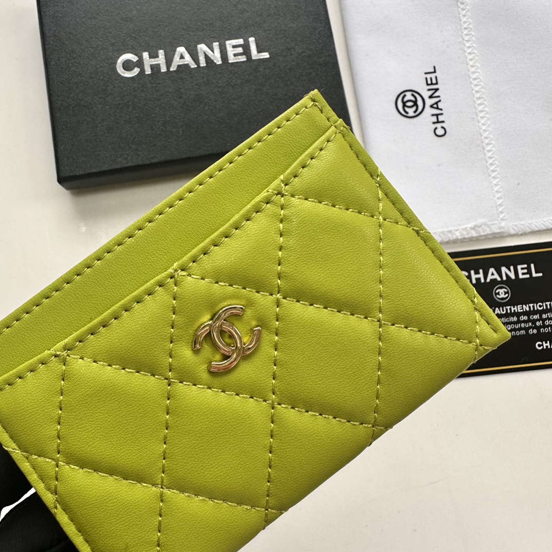 CC Inspired CLASSIC CARD HOLDER Grained Shiny Calfskin & Gold-Tone Metal Green -Wallet - Gorchic - $37.99