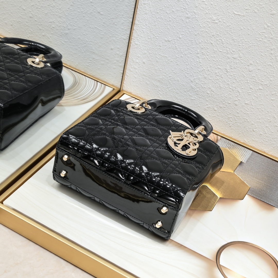 D Inspired Small Lady D Inspired Bag Powder Black Patent Cannage Calfskin Golden Hardware - Bag - Gorchic - $144.99