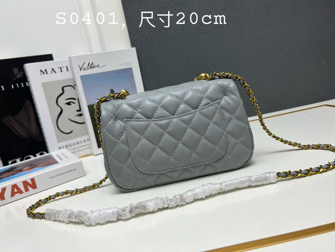 CC Inspired Mini Square Pearl Flap Bag Grey Leather Gold Hardware - Gorchic - $132.99
