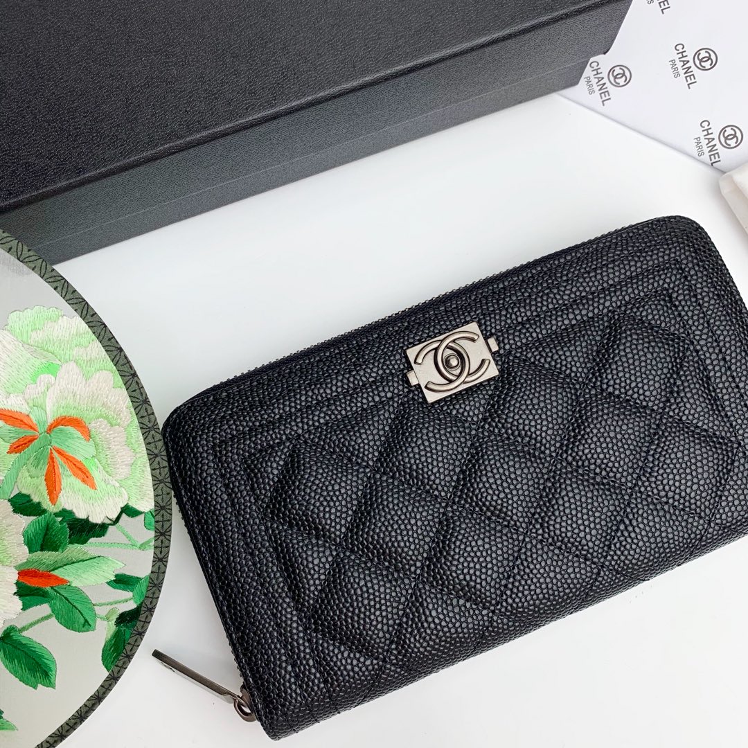 CC Inspired Zip Around Wallet Quilted Caviar Long-Fishseed Pattern Sier Wallet - Gorchic - $52.99