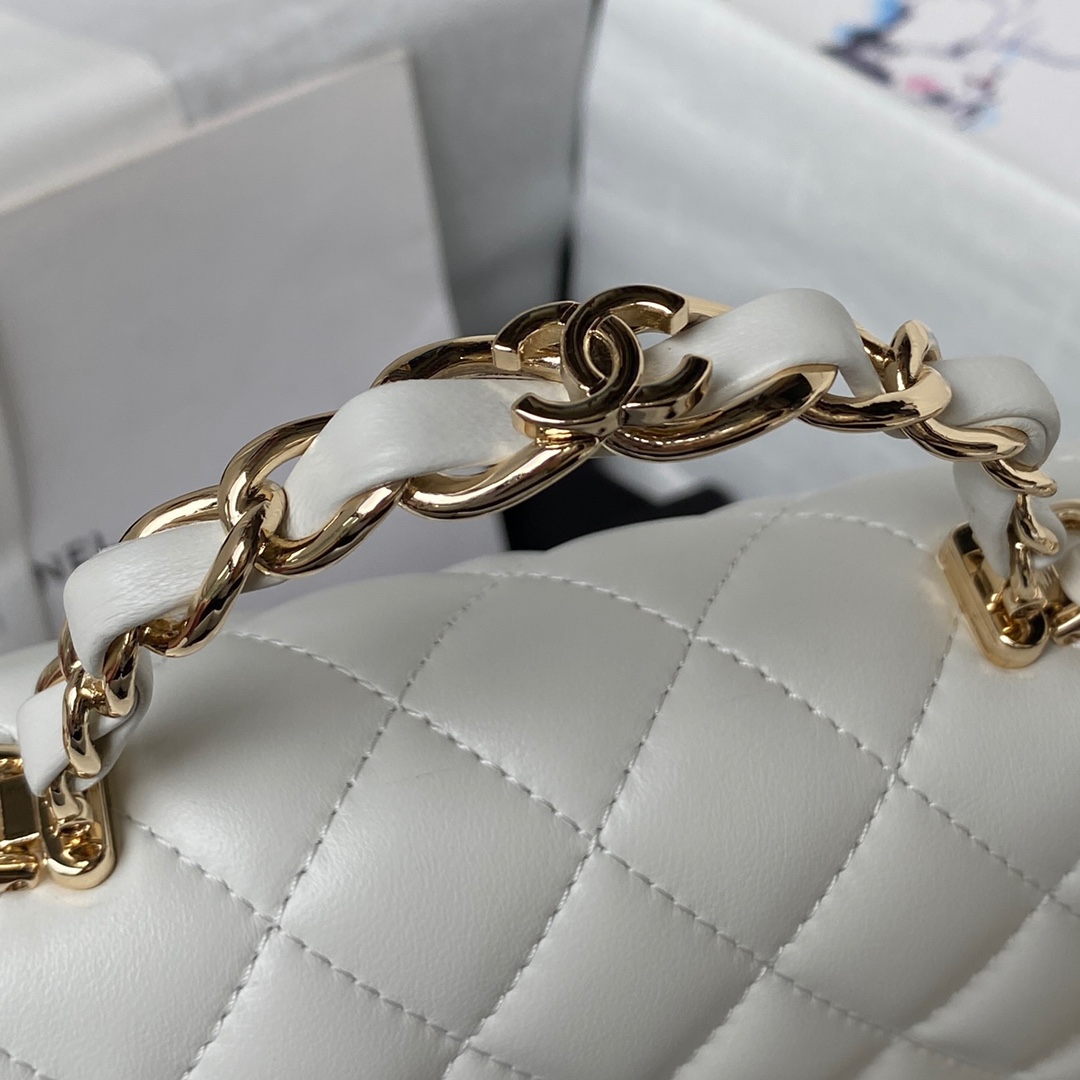 CC Inspired Lambskin Quilted Mini Top Handle Rectangular Flap White Golden Hardwear Bag - Gorchic - $152.99