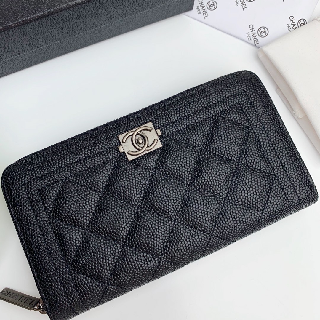 CC Inspired Zip Around Wallet Quilted Caviar Long-Fishseed Pattern Sier Wallet - Gorchic - $52.99