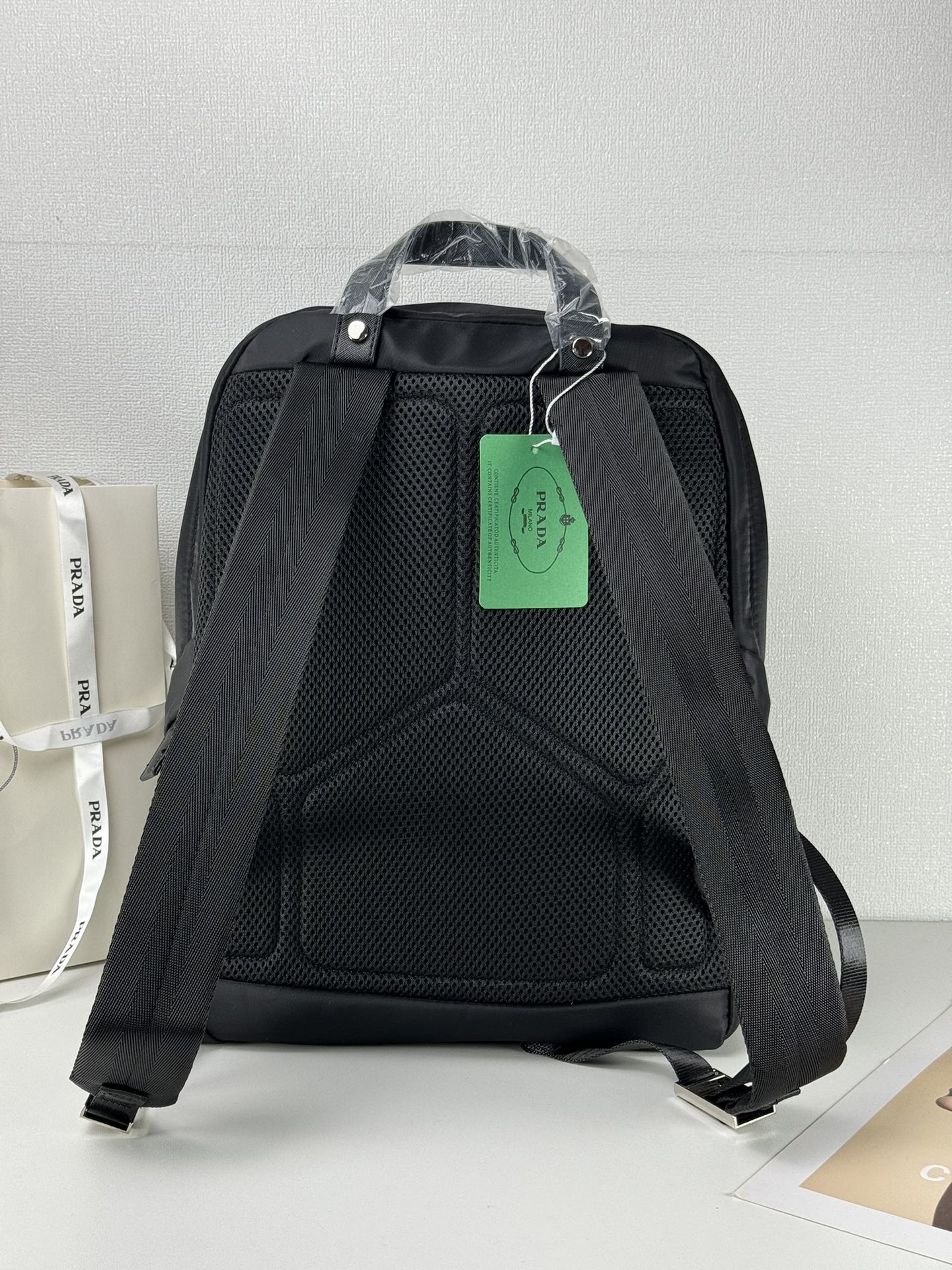 Saffiano texture triangle-logo zipped backpack Black Schoolbag - Gorchic - $132.99
