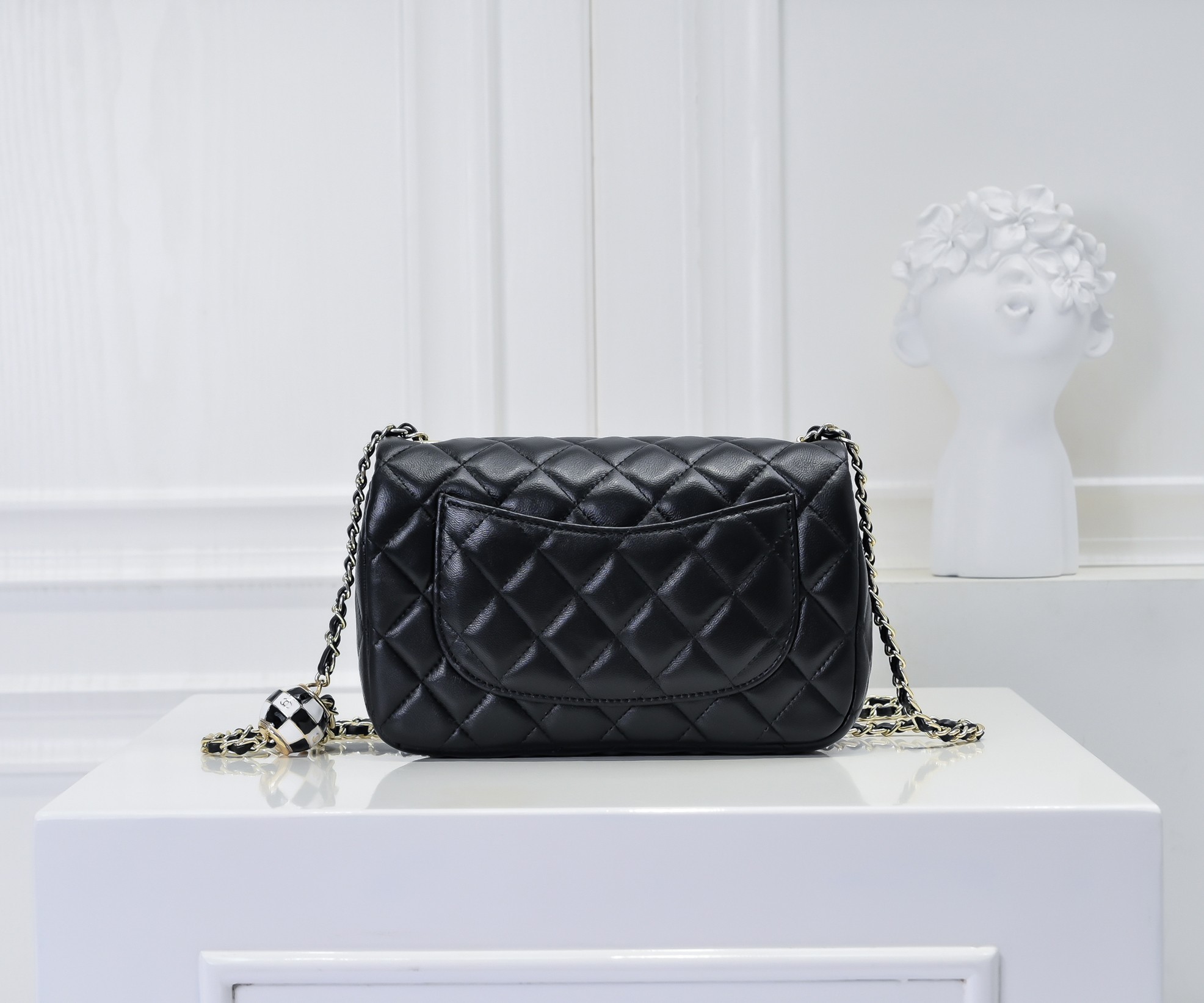 CC Inspired Classic Flag Bag CC Pearl Crush Mini Square Flap Bag Black Calfskin Antique Gold Hardware - Bag - Gorchic - $127.99