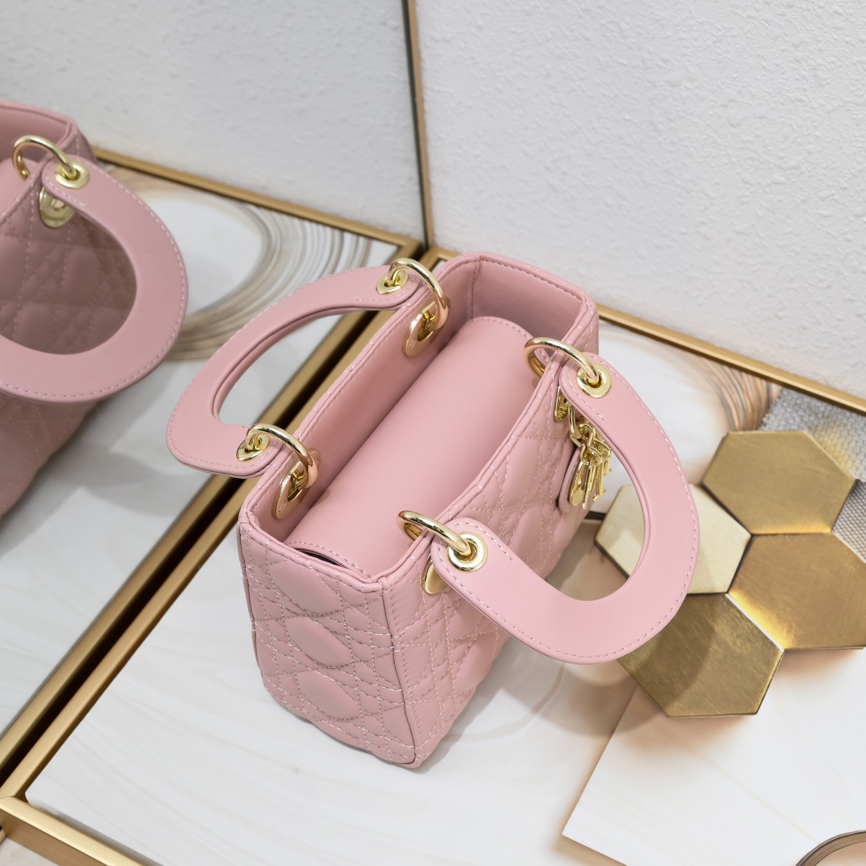 D Inspired Mini Lady D Inspired Bag Pink Cannage Calfskin Golden Hardware - Bag - Gorchic - $138.99