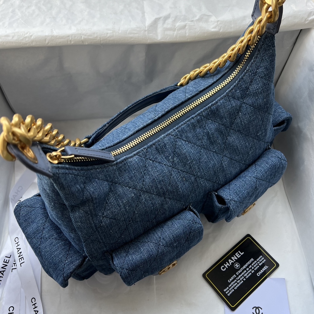 Double-G Hobo Washed Denim And Gold-Tone Metal  Blue Bag - Gorchic - $127.99