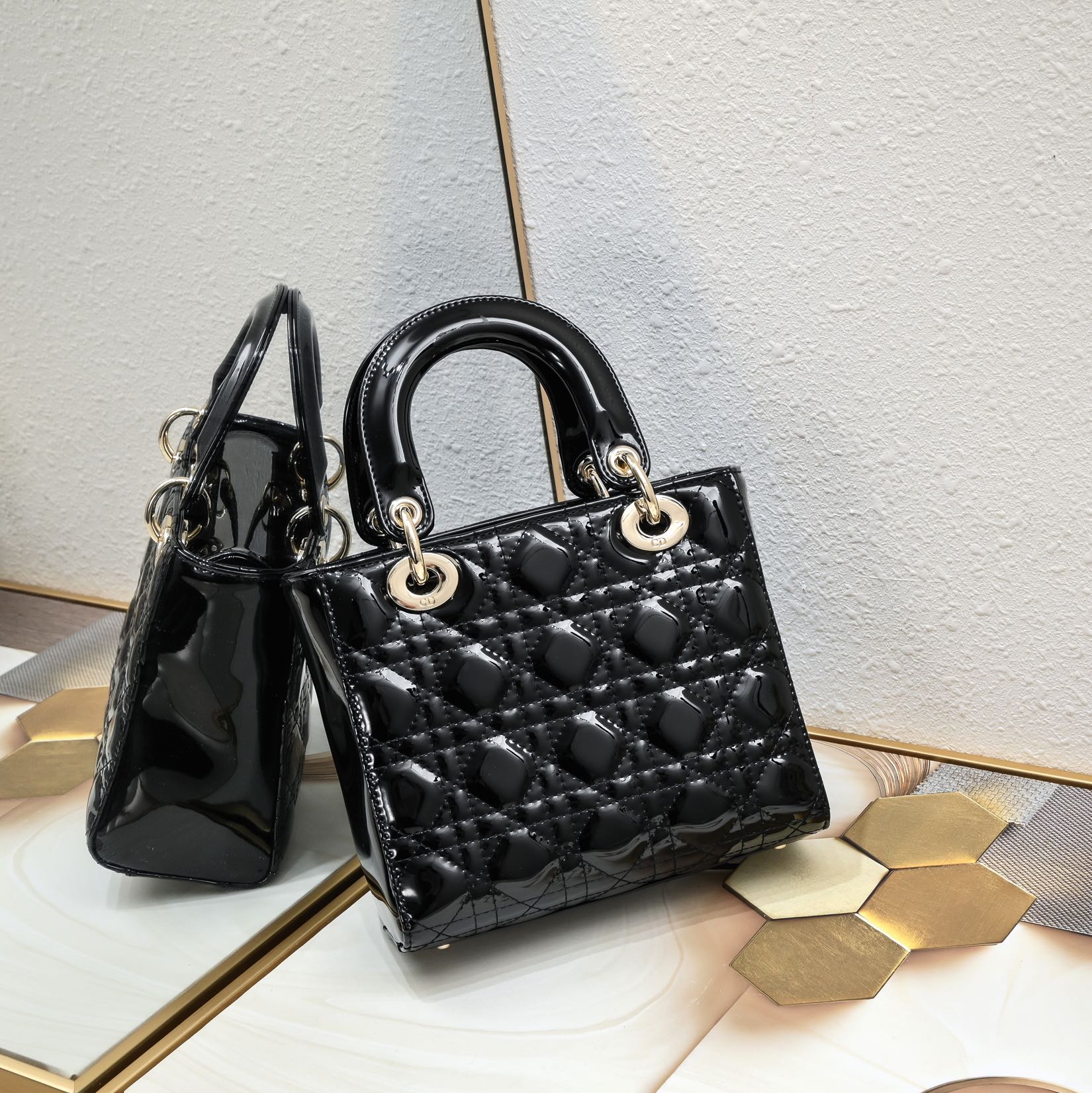 D Inspired Small Lady D Inspired Bag Powder Black Patent Cannage Calfskin Golden Hardware - Bag - Gorchic - $144.99