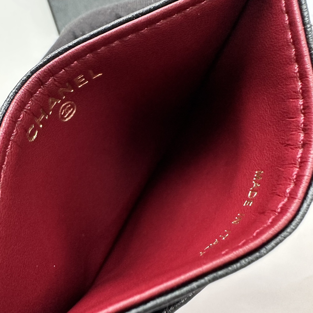 CC Inspired CLASSIC CARD HOLDER Grained Calfskin & Gold-Tone MetalBlack -Wallet - Gorchic - $37.99