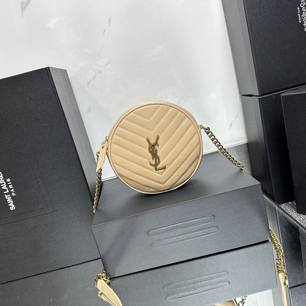 Lady Designer Grain De Poudre Matelasse Chevron Quilted Round Vinyle Camera Bag Dark Beige-Gold hardware - Bag - Gorchic - $131.99