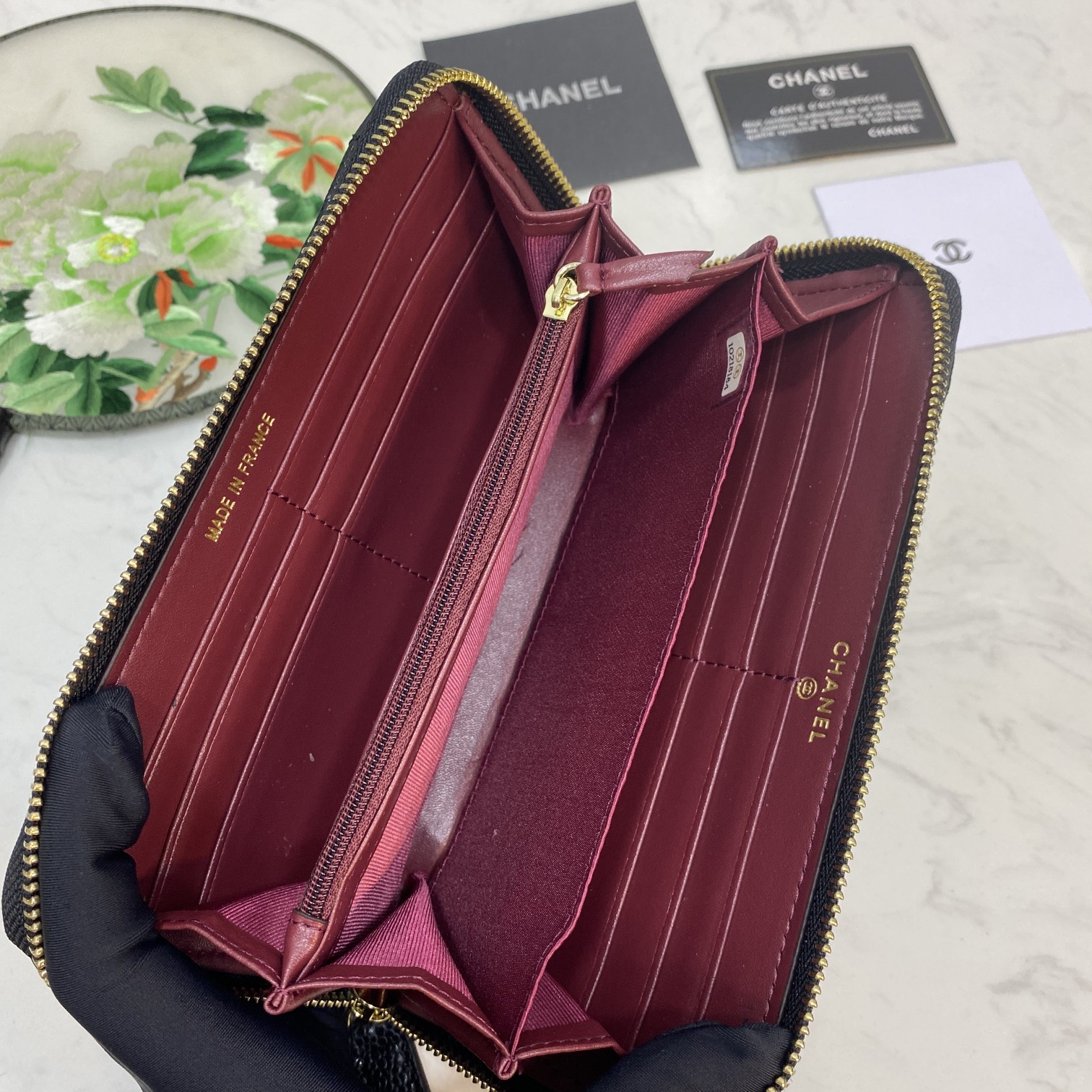 CC Inspired Boy Zip Around Wallet Quilted Caviar Long-Fishseed Pattern Gold Wallet - Gorchic - $52.99