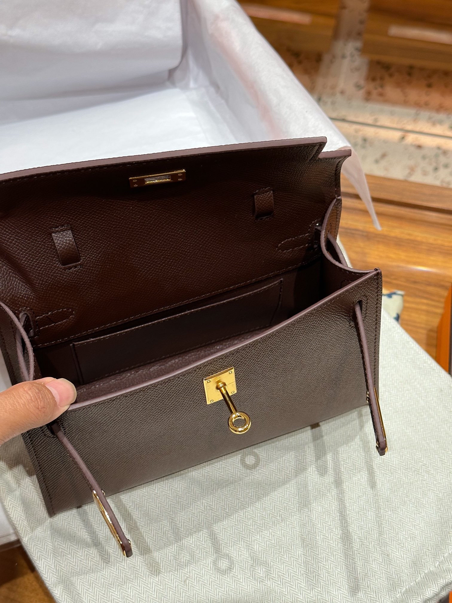 H-Inspired Kelly Mini 1st Kelly Pochette Generation Epsom Palm Leather-Coffee Color - Gorchic - $146.99