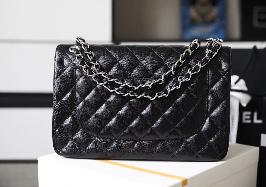 CC Inspired Classic Flag Bag Jumbo Classic Double Flap Bag Black Caviar Sliver Hardware - Bag - Gorchic - $125.99