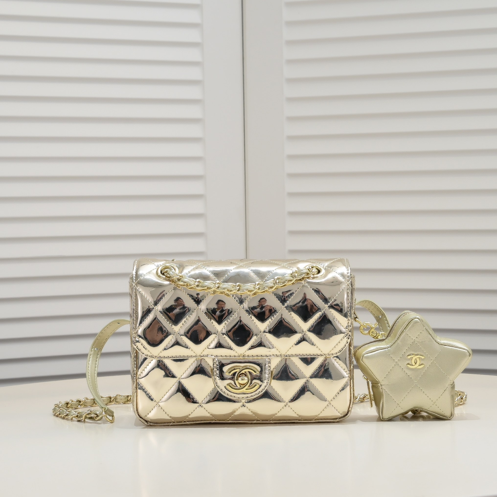 CC Inspired Mirror Mini Classic Flap with Star Coin Purse - Golden - Gorchic - $138.99
