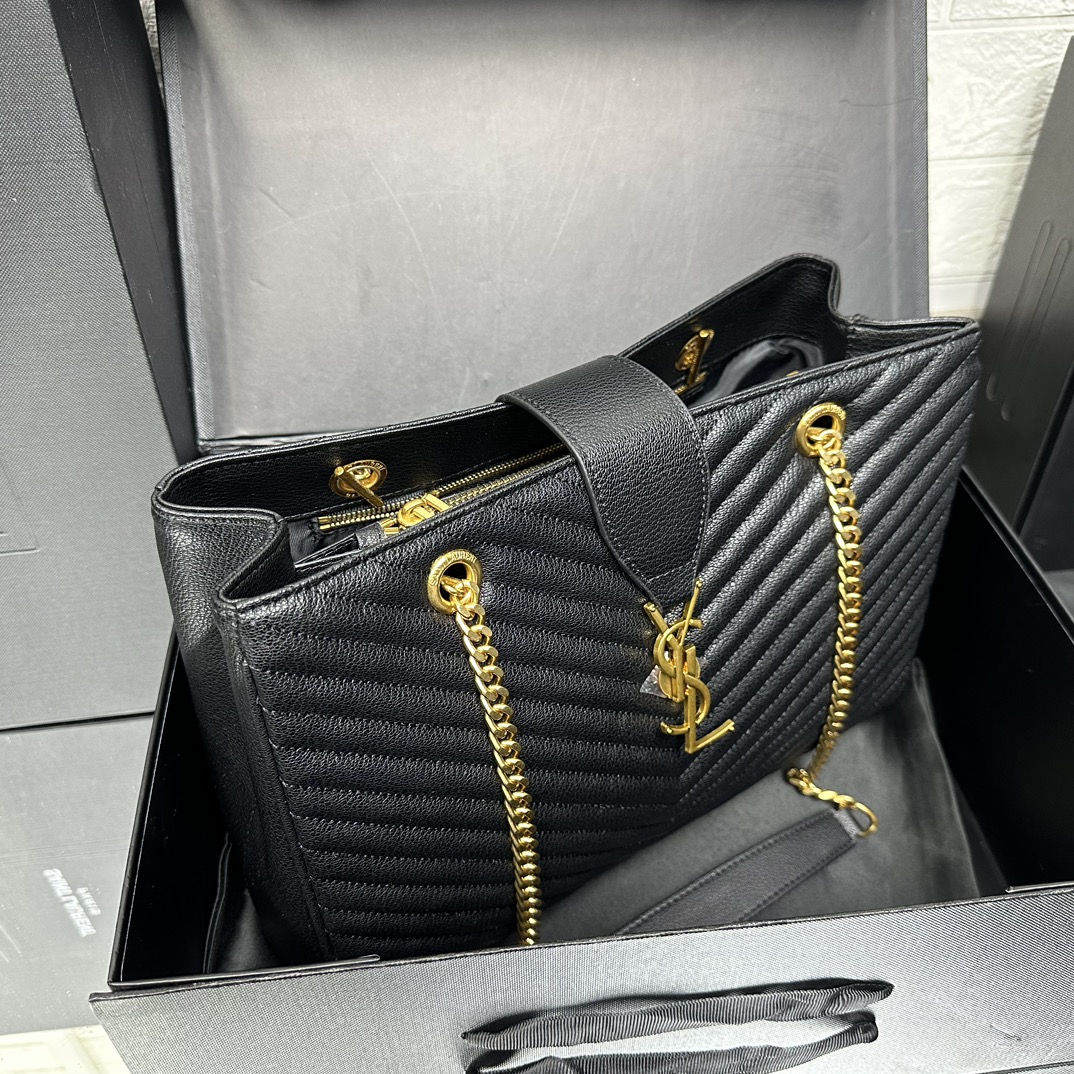 Lady Designer Black Matelasse Leather Cassandre Large Shopper Tote-Gold Hardware - Bag - Gorchic - $153.99