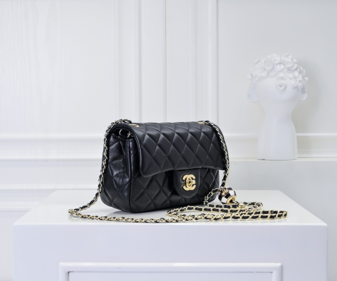 CC Inspired Classic Flag Bag CC Pearl Crush Mini Square Flap Bag Black Calfskin Antique Gold Hardware - Bag - Gorchic - $127.99