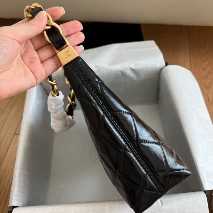 CC Inspired 24A Hobo Small Bag Shiny Calfskin & Gold-Tone Metal Black - Bag - Gorchic - $121.99