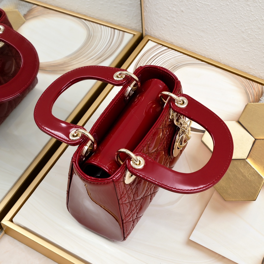 D Inspired Mini Lady D Inspired Bag Powder Cherry Red Patent Cannage Calfskin Golden Hardware - Bag - Gorchic - $138.99