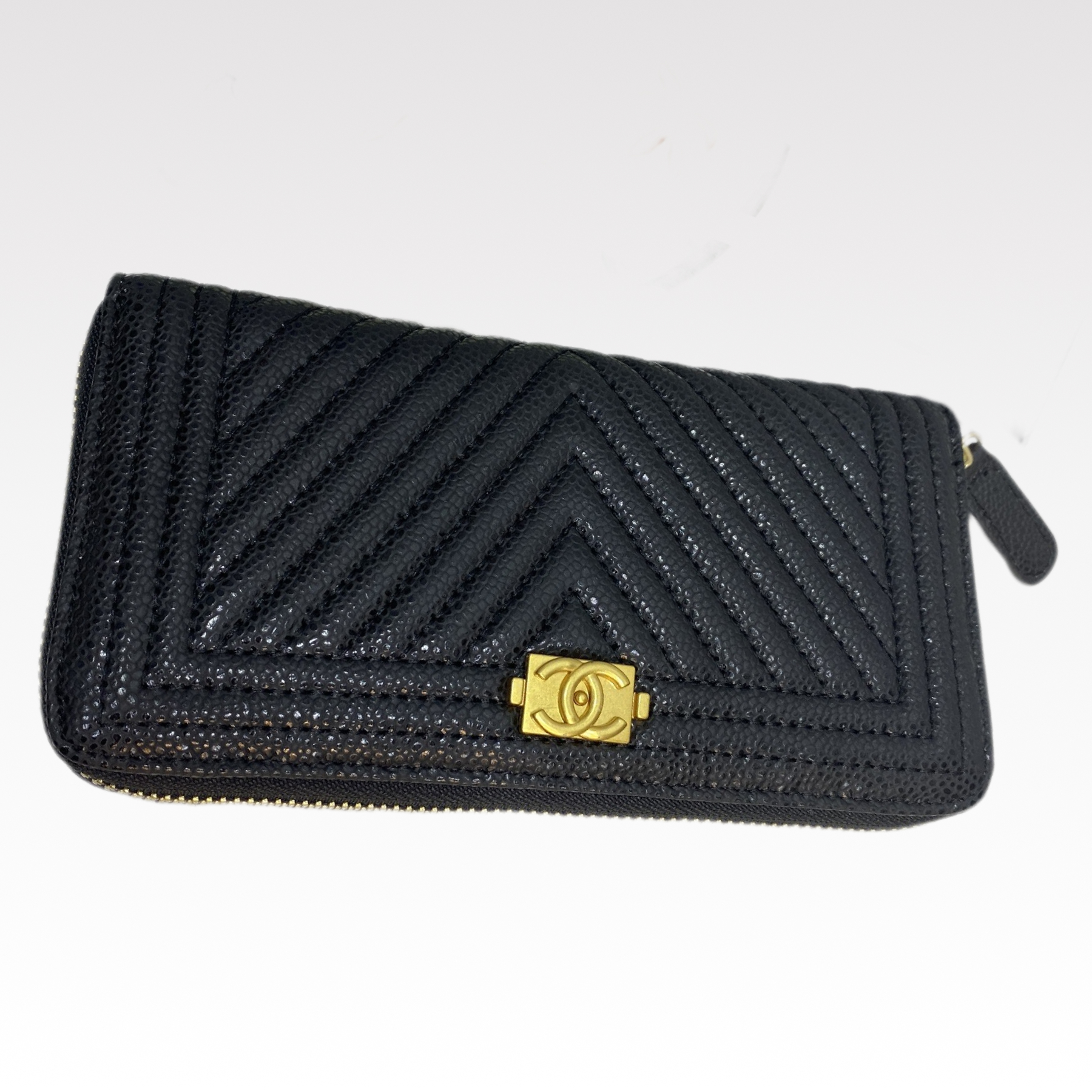 CC Inspired Caviar Chevron Quilted Wallet -Fishseed Pattern Gold Wallet - Gorchic - $52.99