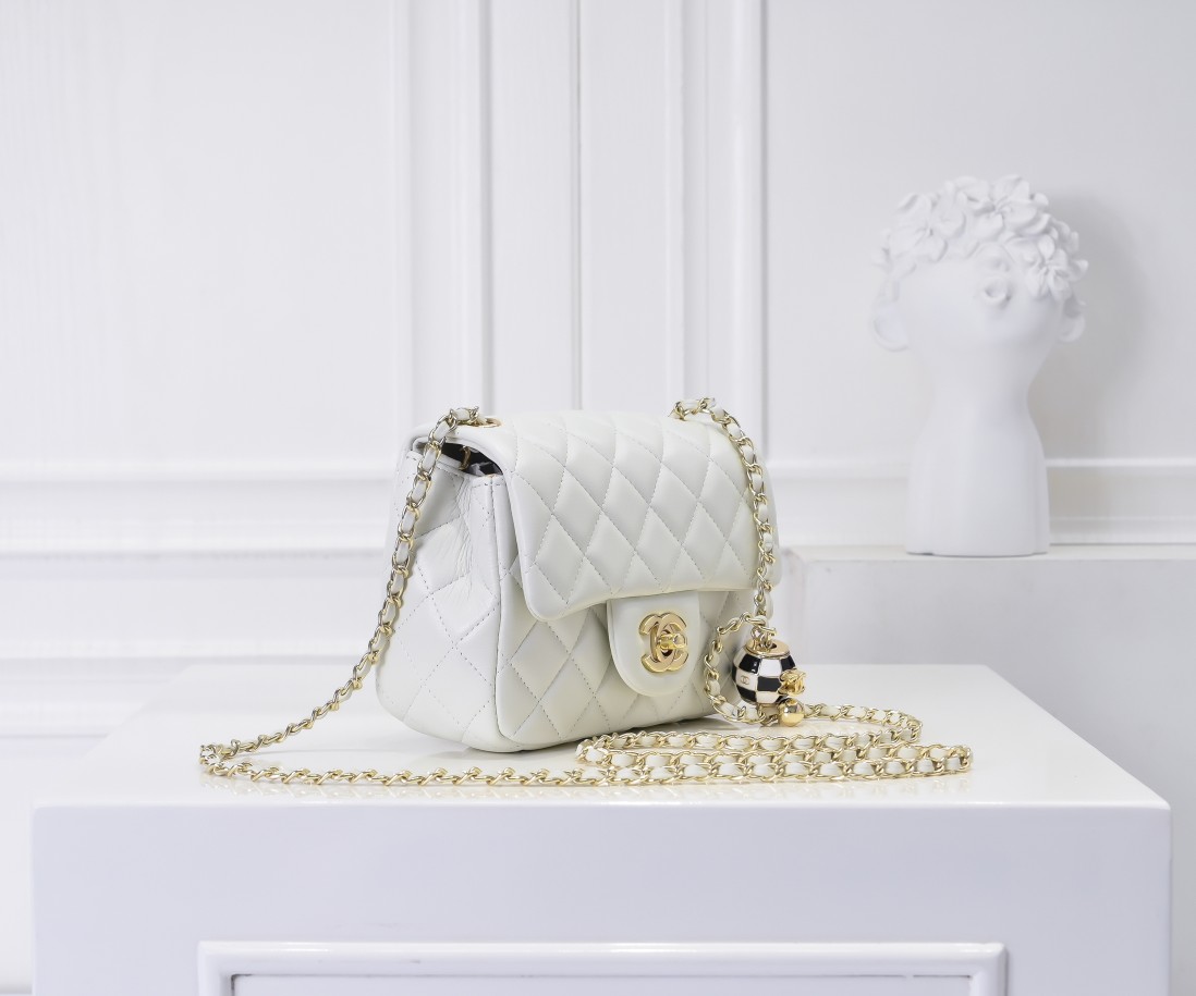 CC Inspired Classic Flag Bag Pearl Crush Mini Square White Calfskin Light Gold Hardware - Bag - Gorchic - $127.99