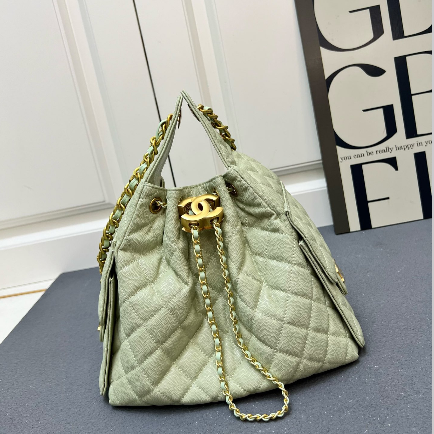 CC Inspired 25 Small Handbag Grained Calfskin & Gold-Tone Metal Light Green - Bag - Gorchic - $152.99
