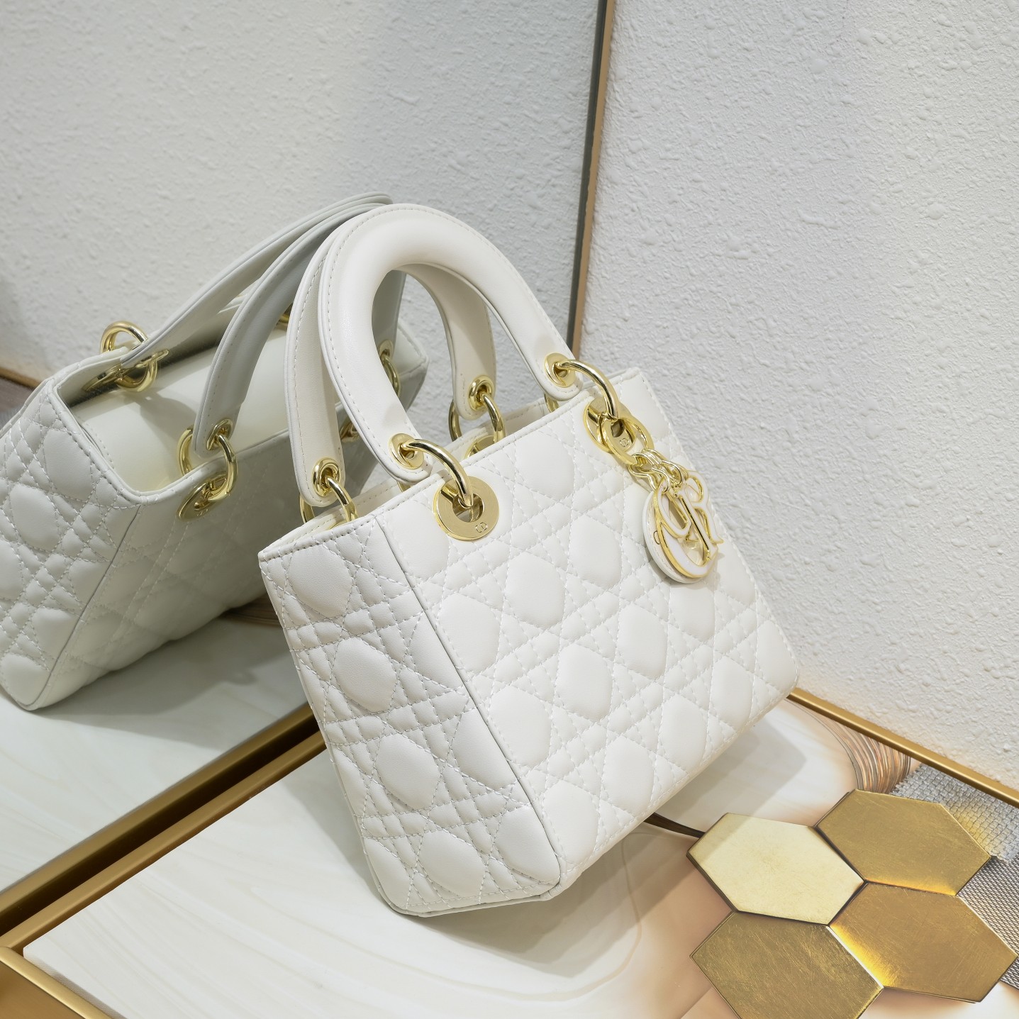 D Inspired Small Lady D Inspired Bag White Cannage Calfskin Golden and White Paint Hardware - Bag - Gorchic - $144.99