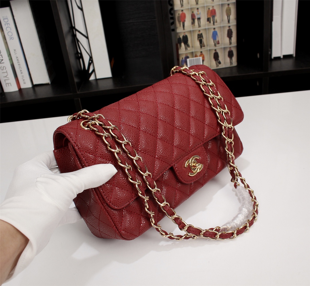 CC Inspired Classic Double Flap Bag Dark Red Caviar Golden Hardware - Bag - Gorchic - $122.99