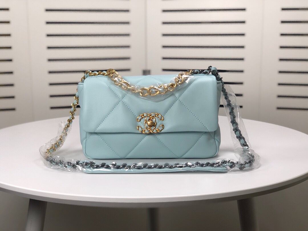 CC Inspired Calfskin Quilted CC Inspired 19 Flap Light Blue -Golden - Bag - Gorchic - $132.99