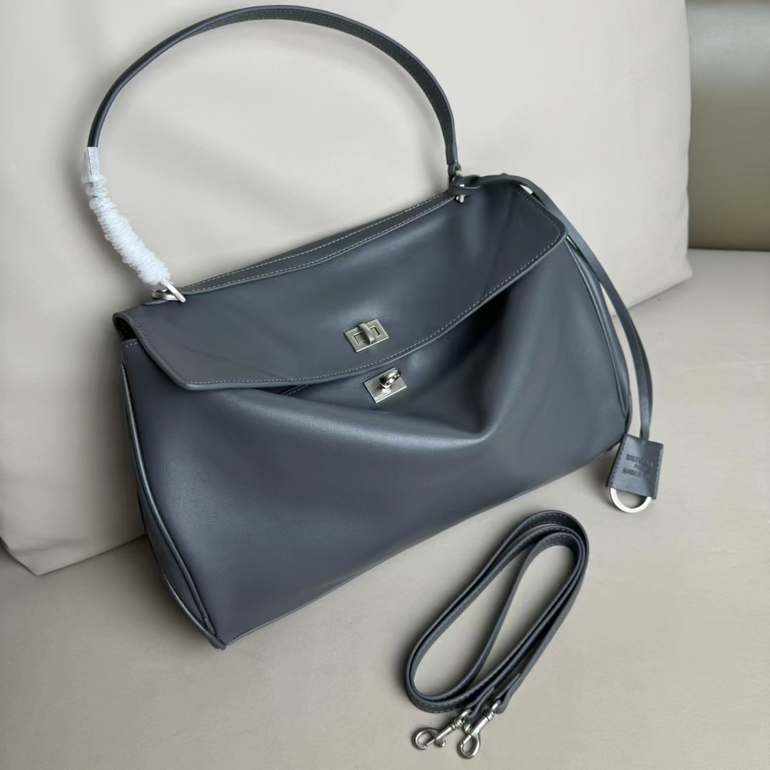 Hourglass iconic Rodeo leather shoulder bag in Grey and aged-sliver hardware Multiple Size - Bag - Gorchic - $169.99