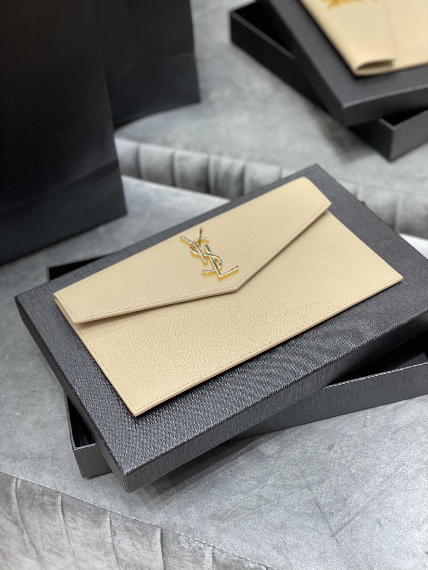 Lady Designer Uptown Fashion Monogram Leather Envelope Clutch Bag Beige-Gold hardware - Bag - Gorchic - $122.99