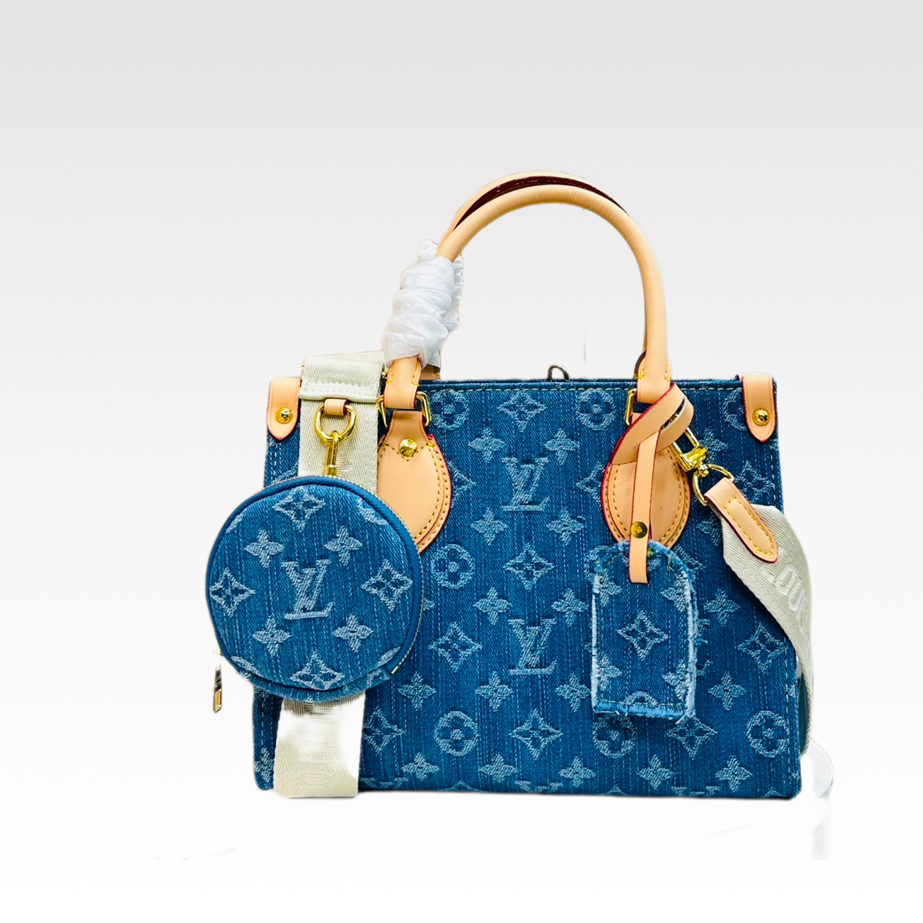 Designer Monogram Jacquard Denim Onthego Blue Bag - Gorchic - $114.99