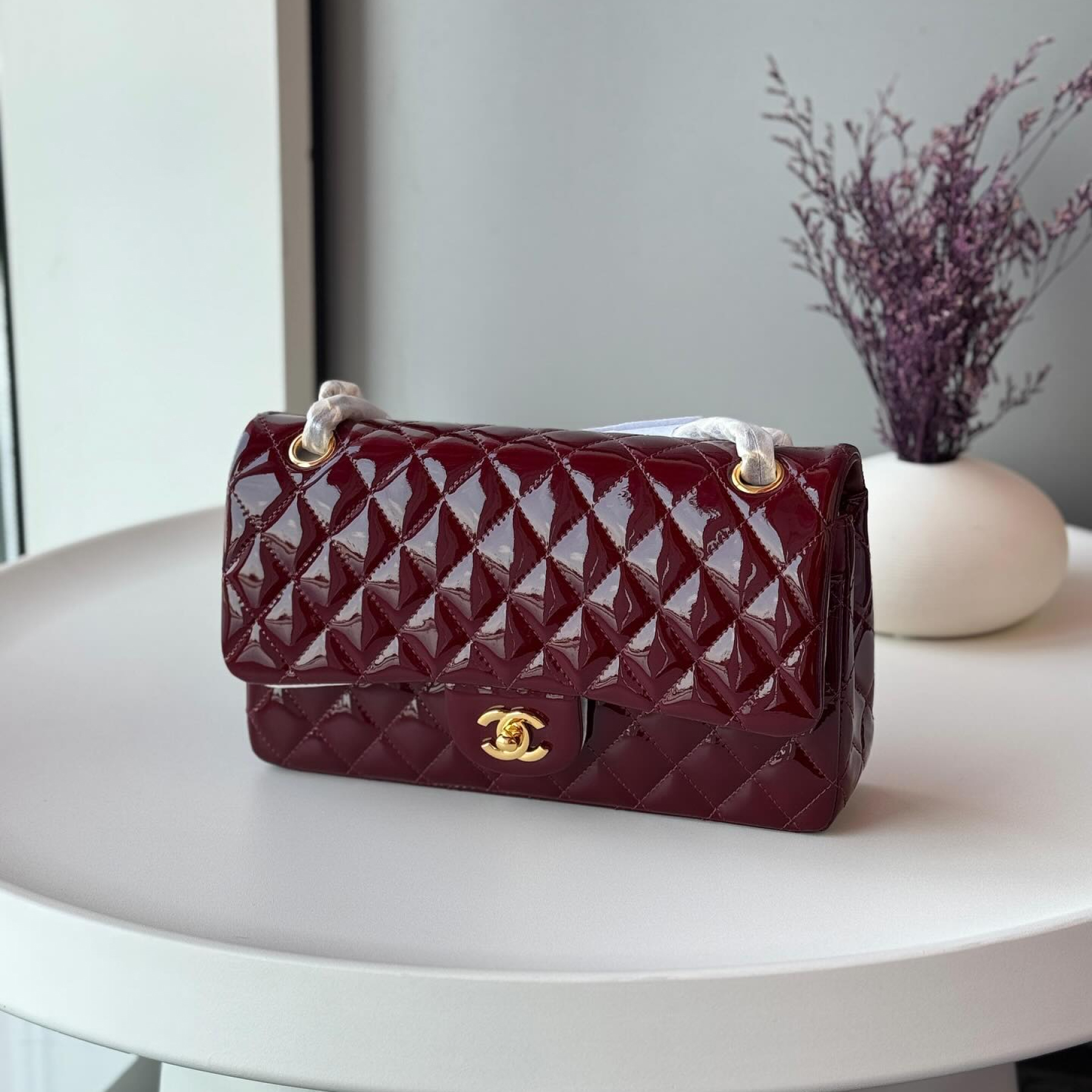 CC Inspired Patent Goatskin Quilted Medium CC Eyelet Flap Burgundy - Bag - Gorchic - $138.99